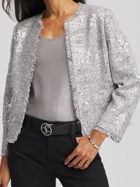 Chico's Silver Tweed Sequin Fringe Open-Front Jacket